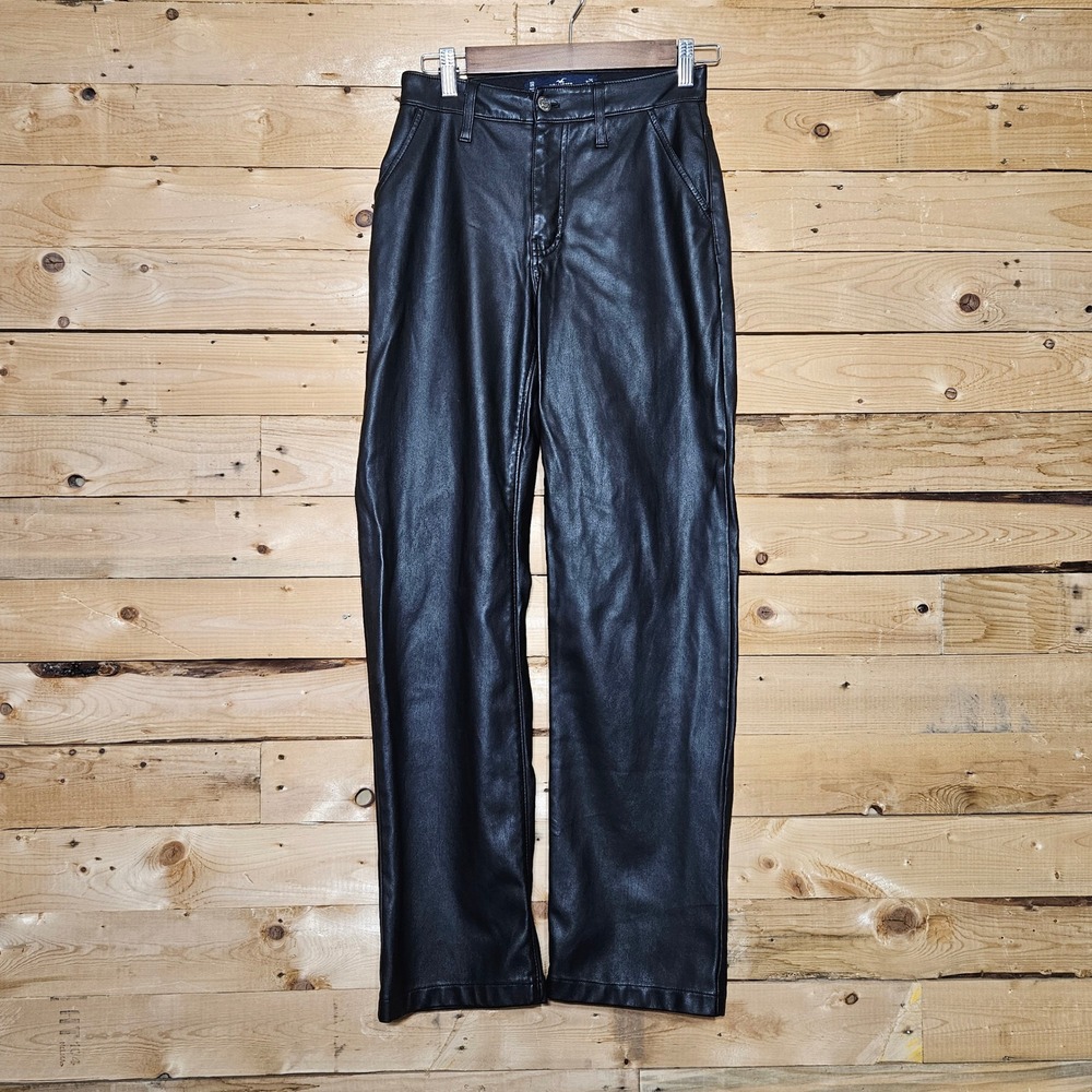Hollister Black Faux Leather High Rise Straight Leg Pants W25 1R Vegan Leather